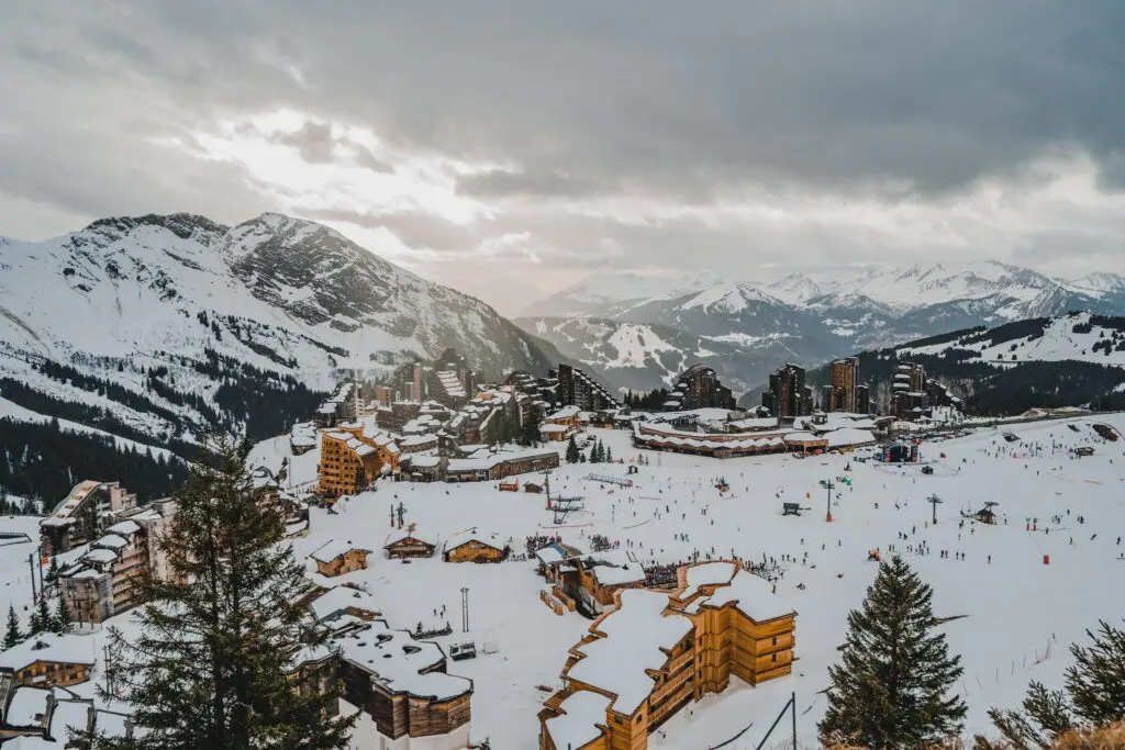 Avoriaz ski resort with snow-covered buildings and mountains