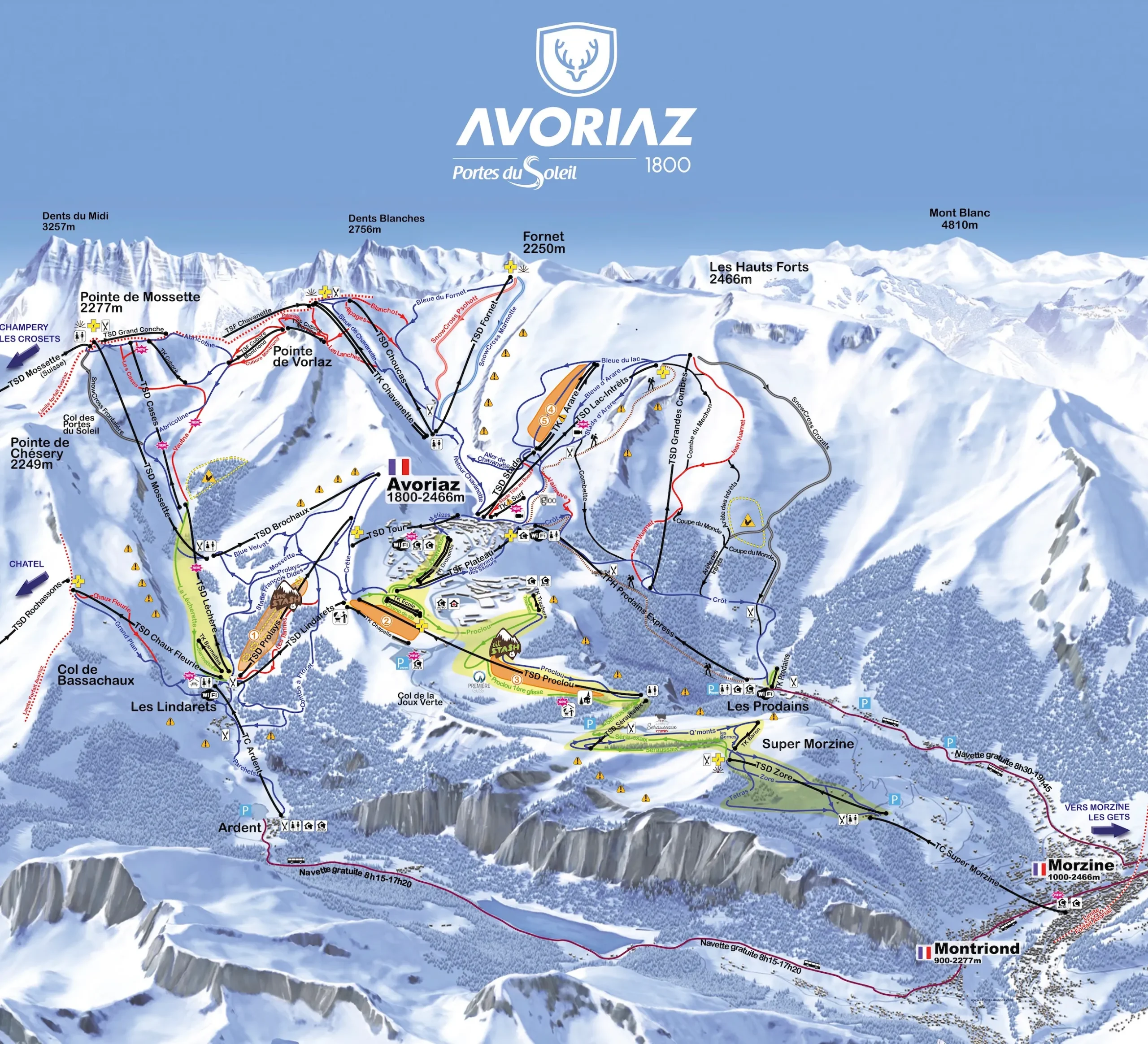Avoriaz ski map with pistes, lifts, and mountain names